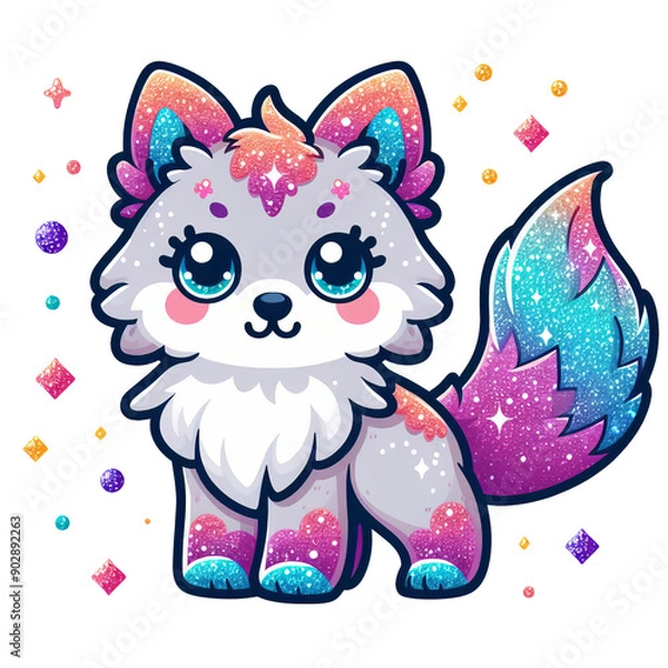 Obraz Cute cartoon fox character with galaxy-colored fur, bright eyes, and a whimsical design surrounded by colorful gems. Vector illustration.
