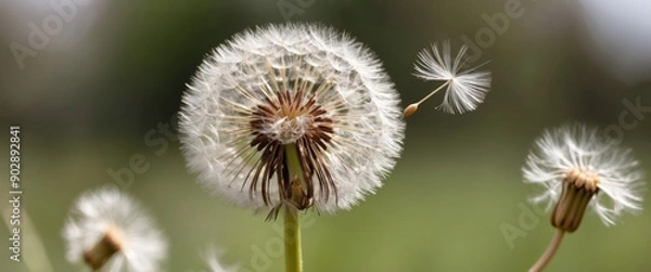 Fototapeta A delicate dandelion puff floating against a blurred background, symbolizing nature's beauty and the arrival of spring.