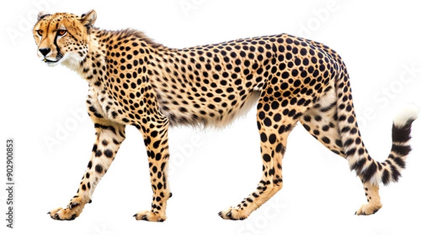Obraz Stunning cheetah walking with grace isolated on white background showcasing its beautiful spotted fur pattern.