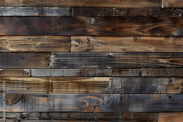 Fototapeta  a close-up of a wooden wall made of various dark brown, textured wooden planks arranged in a horizontal pattern