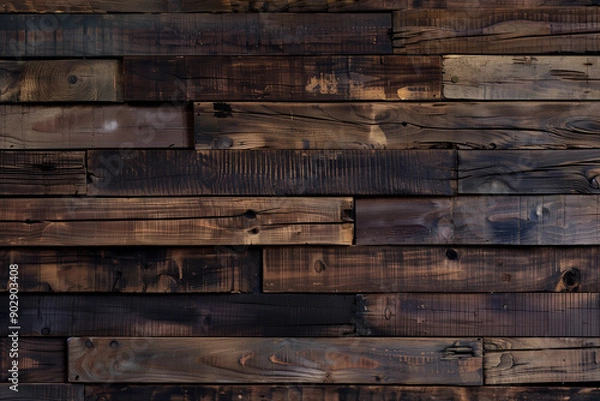 Fototapeta  a close-up of a wooden wall made of various dark brown, textured wooden planks arranged in a horizontal pattern
