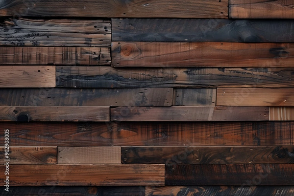 Fototapeta  a close-up of a wooden wall made of various dark brown, textured wooden planks arranged in a horizontal pattern