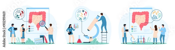 Fototapeta Good and bad bacteria in human intestines set. Tiny people with magnifying glass and microscope research small microbes and bacillus, lactobacillus bacterium inside bowel cartoon vector illustration