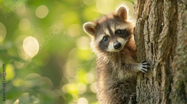 Obraz A baby raccoon climbing a tree, morning sunlight