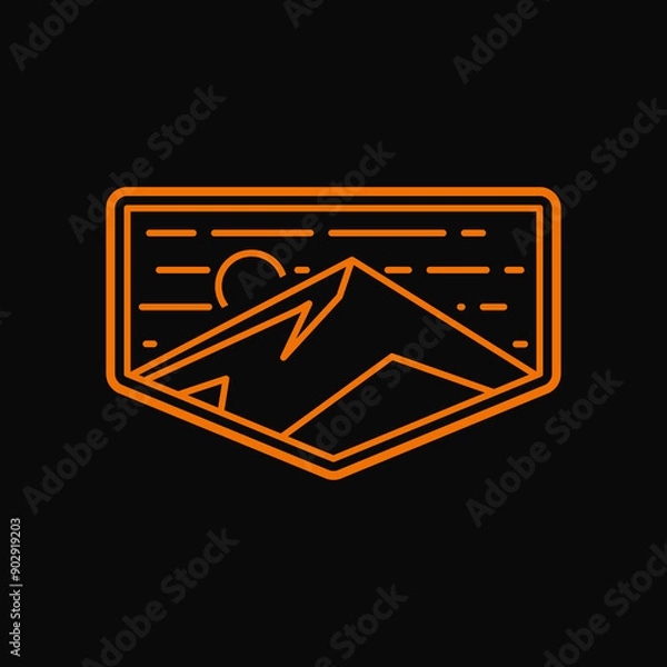 Obraz simple flat minimalist modern vintage retro hipster sunset sunrise mountain hill peak rocky ice top mount landscape with simple shape outline monoline line art style and pentagon shield logo design