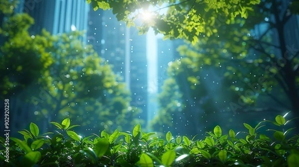 Fototapeta ESG Concept. Eco-friendly Buildings in the Modern City. Sustainable Glass Office Building with Trees for Reducing Heat and Carbon Dioxide. Office Building with Green Environment. 