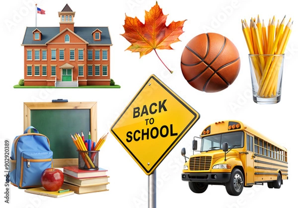Fototapeta Back to School PNG Set. Collection with school elements isolated on white transparent background, png element clipart.