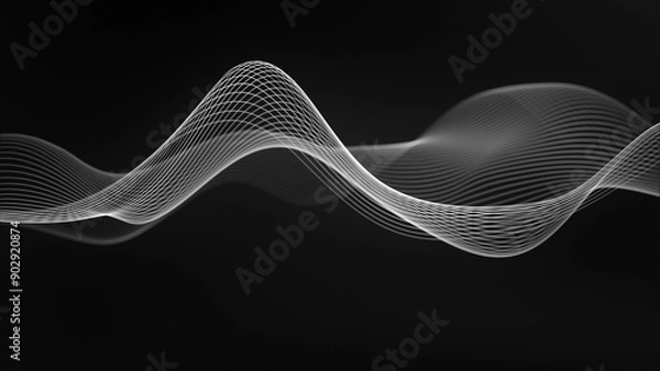 Fototapeta White wave on a black background. Vector wave of gray color. Linear wave, graphic shape flow. Digital monochrome, black and white background. Smoke illustration. Smooth water level surface. Sci-fi, 4k