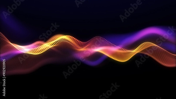 Fototapeta Bright orange wave on a dark blue background. Fluorescent yellow purple smoke. Smooth particle movements blurry data stream. Oscillation of digital waves. Magenta vibration of the flow of space. 