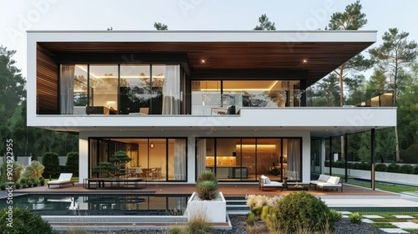 Fototapeta Modern Architectural Residence Surrounded by Lush Landscaping in Afternoon Sunlight