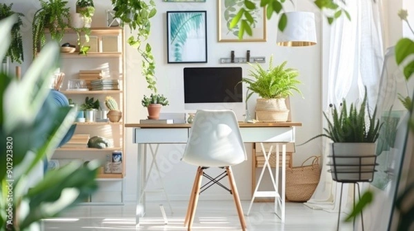 Fototapeta Cozy Home Office with Plants and Natural Light.