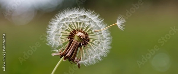 Fototapeta A close-up of a dandelion in bloom, capturing its delicate seeds ready to drift away, symbolizing nature's beauty and the cycle of life.