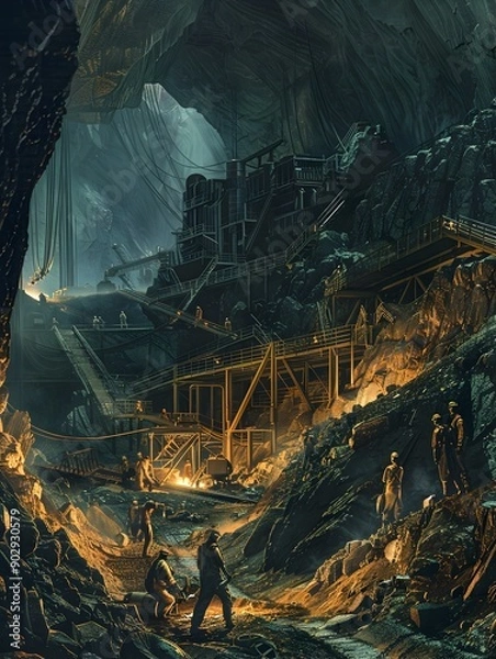 Fototapeta Highly Detailed Digital of Miners Delving into Earth for Precious Minerals and Gemstones