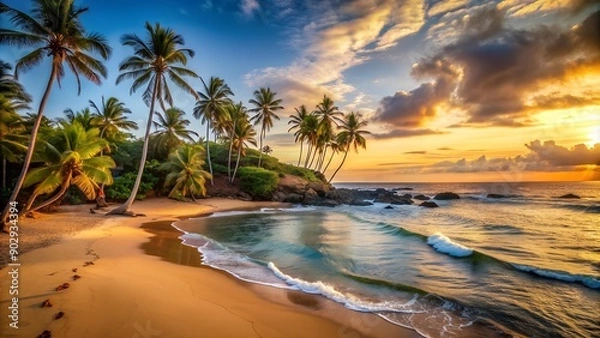 Fototapeta Golden Hour Glow on a Secluded Cove  Generative AI