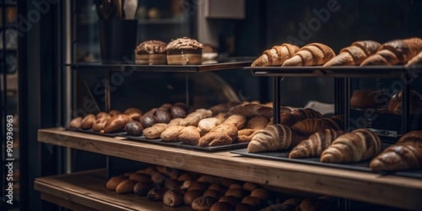 Fototapeta Bakery Counter Displaying Fresh Rolls and Croissants - Generative AI