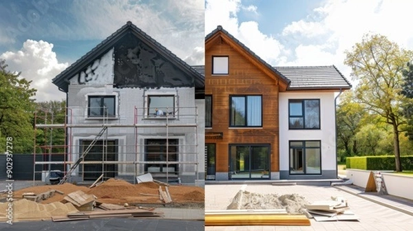 Fototapeta Transformation of Residential Home Exterior From Construction to Finished Modern Design Under Bright Sunny Sky