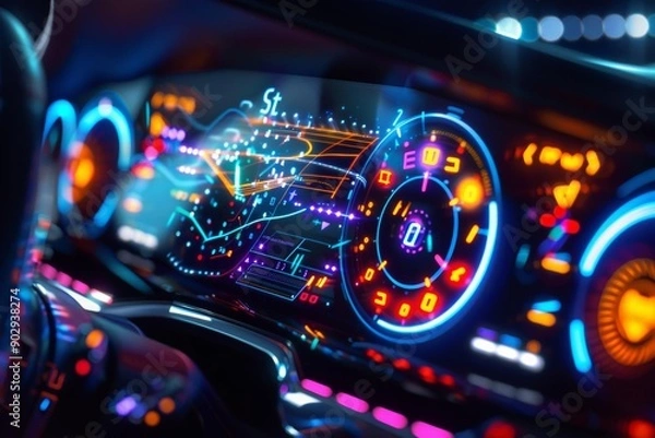 Fototapeta A futuristic car dashboard with glowing digital displays showing navigation and speed.