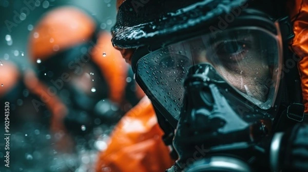 Fototapeta Firefighters wearing full protective gear navigate through rainy conditions, highlighting their bravery, resilience, and the challenges they face in emergency situations.