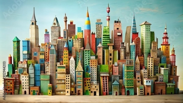 Fototapeta A Symphony of Second Chances: Recycled Materials Transform into a Whimsical Cityscape  AI Generated