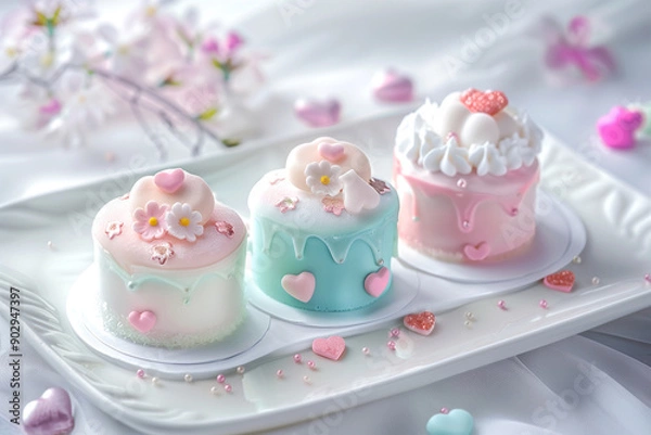 Fototapeta Pastel-colored mini cakes adorned with intricate heart and floral decorations displayed on a white tray. Generated AI.