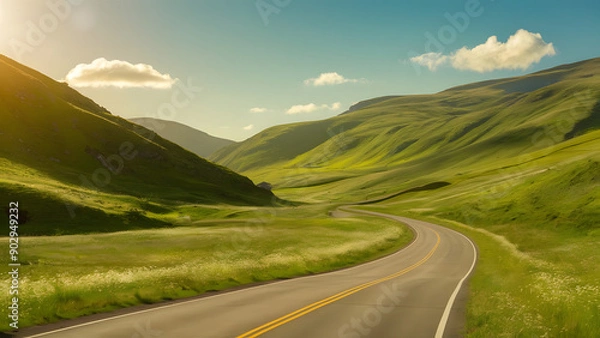 Fototapeta Summer landscape in a Hilly Region Sunny Day Outdoors with Clouds and Clear Blue Sky