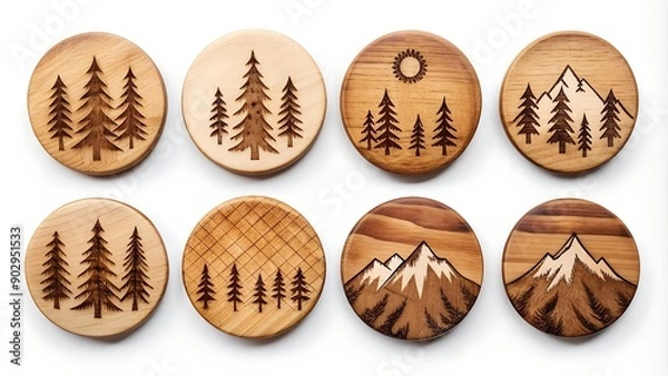Fototapeta Rustic Wooden Icons: Pine Tree & Mountain in Natural Tones  Generative AI