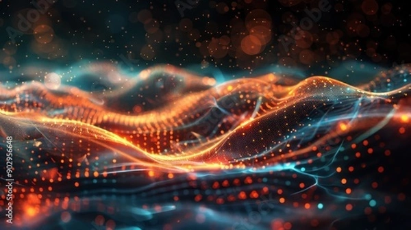 Fototapeta Digital backdrop with connected nodes and circuit patterns for data transmission and security.