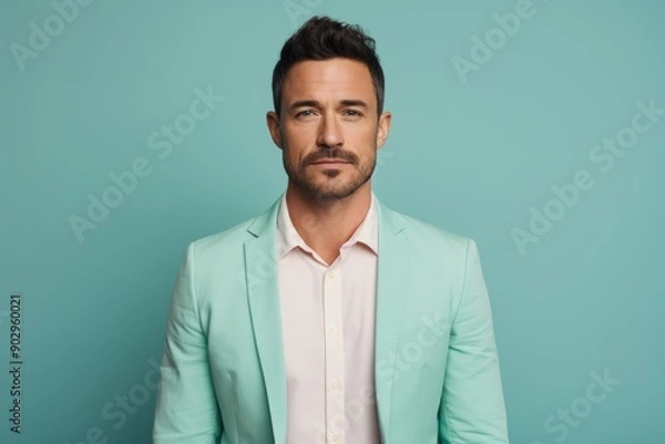 Fototapeta Portrait of a blissful man in his 30s dressed in a stylish blazer isolated in pastel teal background