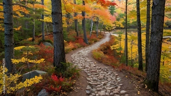Fototapeta wooden path winds through a forest, alongside a calm