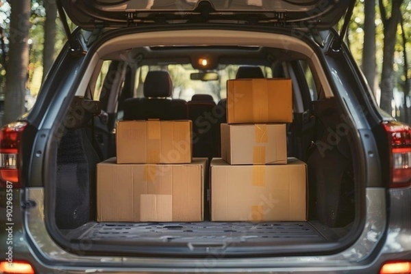 Fototapeta Packed and Ready: A View of Cardboard Boxes in an SUV Trunk