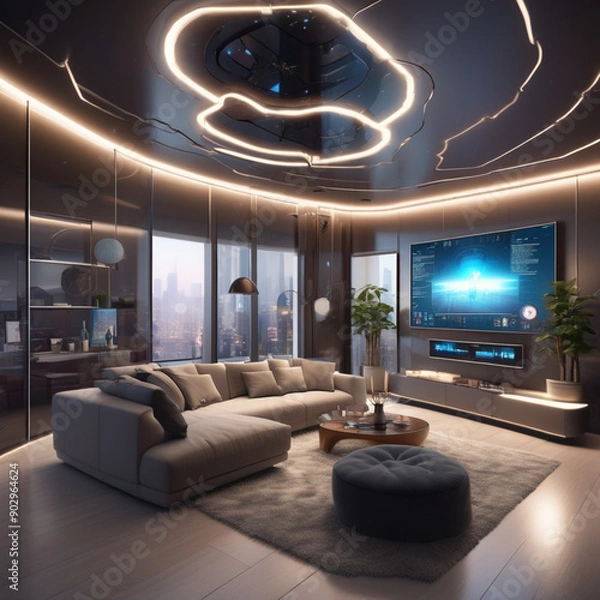 Fototapeta A Futuristic Smart Home Interior With Sleek Furniture  Digital Screens Integrated Into Walls  And Automated Lighting  Ultra Detailed  Modern Design