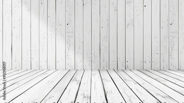Fototapeta White striped wooden wall and floor use background texture copy space, generative ai