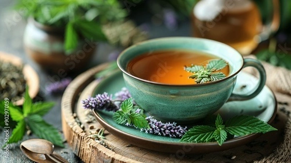 Fototapeta A calming herbal tea served in a rustic ceramic cup, garnished with fresh herbs and flowers, creating a natural, soothing atmosphere.
