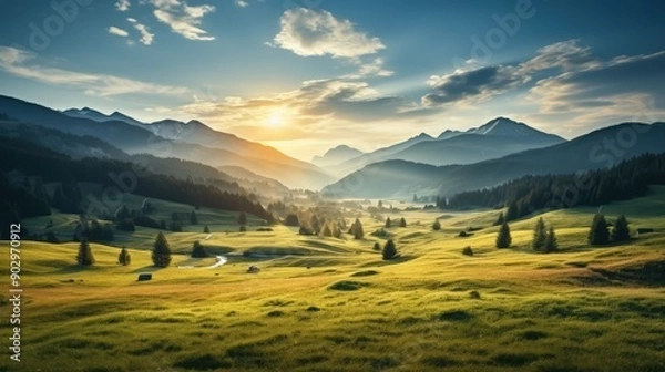 Fototapeta Sunrise Over Mountains and Meadow