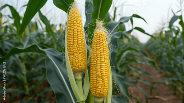 Fototapeta Corn cobs in a cornfield.