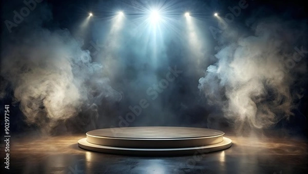 Fototapeta Ephemeral Radiance: A Single Spotlight Illuminates a Circular Stage Bathed in Swirling Smoke  Generative AI
