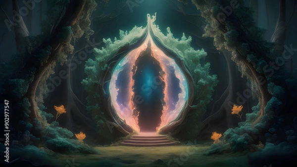 Fototapeta Enchanted Forest Portal: image of a mystical forest with a glowing portal at its center, leading to another magical world.