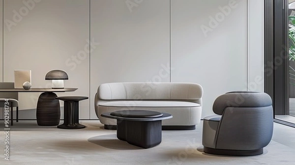 Fototapeta A stylish living room arrangement with grey chairs and sofa, complemented by a round wooden coffee table on a light rug in a well-lit space
