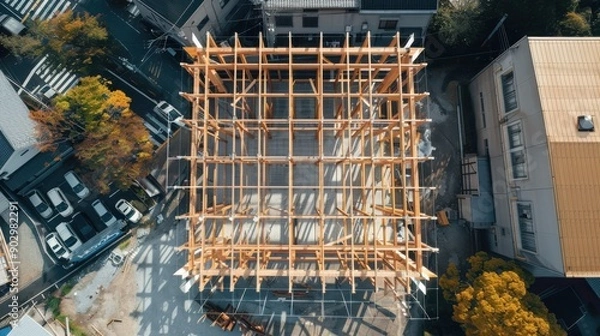 Fototapeta Construction Site Featuring a Large Wooden Framework in an Urban Setting During Daylight Hours
