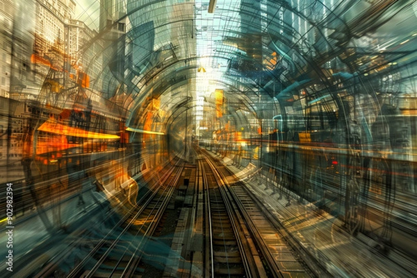 Fototapeta Urban Flow: Abstract and vibrant, this image captures the energy of a modern city through the lens of a train station, where light, steel, and motion converge.