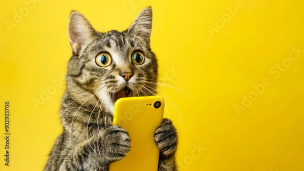 Fototapeta Cute cat shocked hold in hands use mobile cell phone isolated on yellow color background. Funny shopping concept, little kitten holds phone surprised