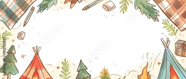 Fototapeta Plaid Camping Doodle Page Print Border Design with Blank Space