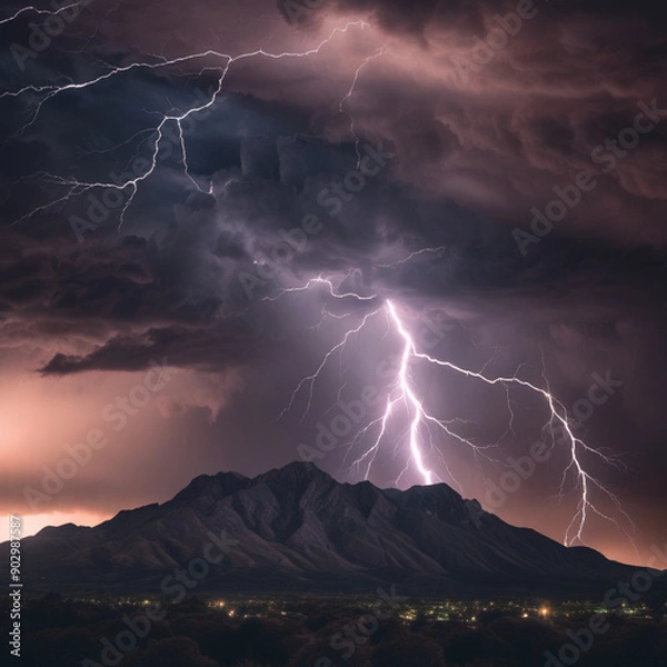 Fototapeta A Dramatic Image Of A Thunderstorm Over A Mountain Range With Lightning Illuminating The Dark Skies  Landscape Photography