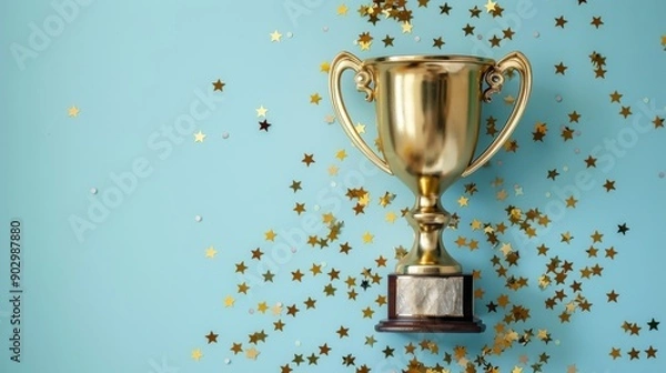Fototapeta A gold trophy is sitting on a table with a lot of confetti around it. The confetti is in various colors and sizes, and it creates a festive and celebratory atmosphere