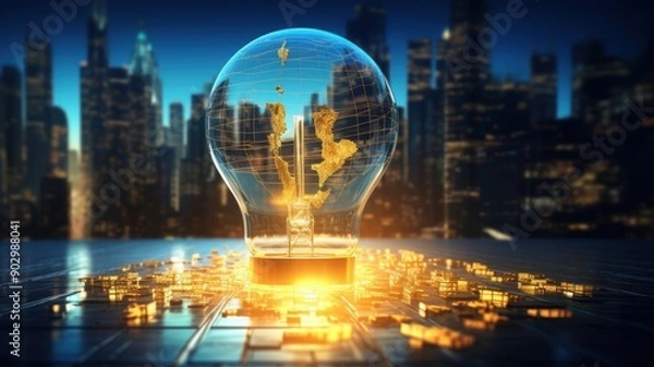 Obraz Transparent light bulb featuring a world map glowing with golden lights in a cityscape background, representing global innovation, connectivity, and technological advancements.