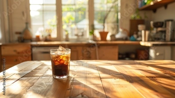Fototapeta A glass of iced coffee sits on a wooden table in a kitchen
