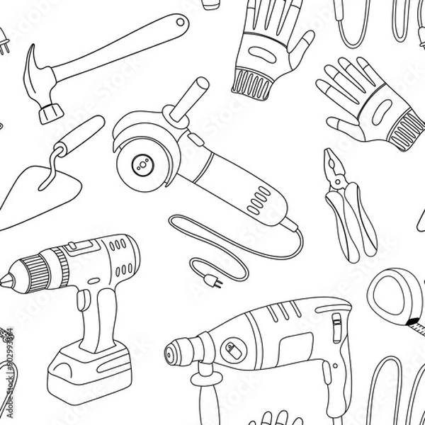 Fototapeta Seamless pattern with construction tools. Hand drawn illustration in cartoon style.