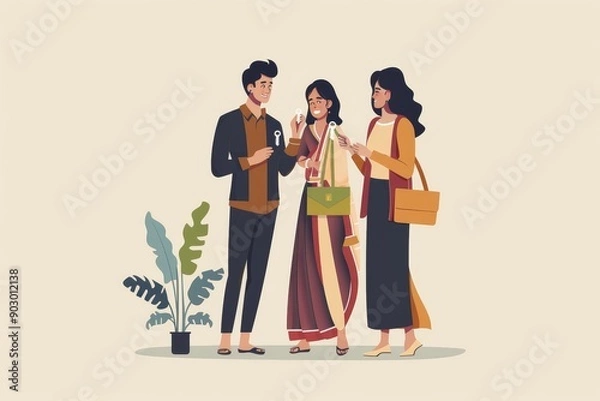 Fototapeta Real estate agent giving keys to young indian buyers, happy woman taking key of future new apartment, spouses buying new house, Generative AI