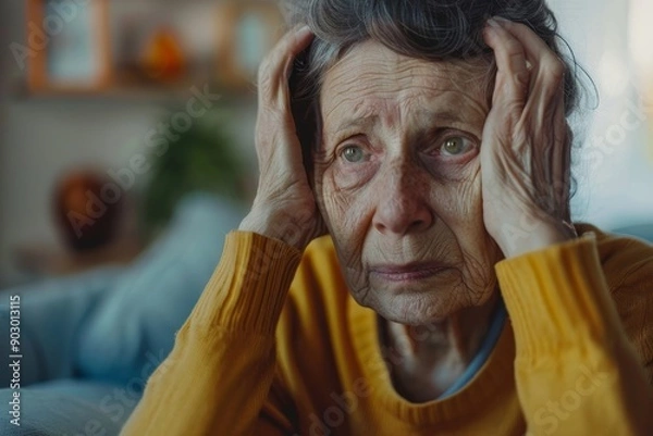 Fototapeta Confused worried old lady suffering from age disorders, Alzheimer disease, woman feeling anxiety, having mental disease symptoms, Generative AI