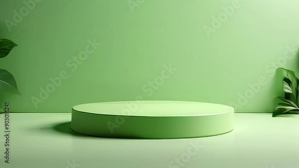Fototapeta Green round podium on green background. 3D rendering. Computer digital drawing.